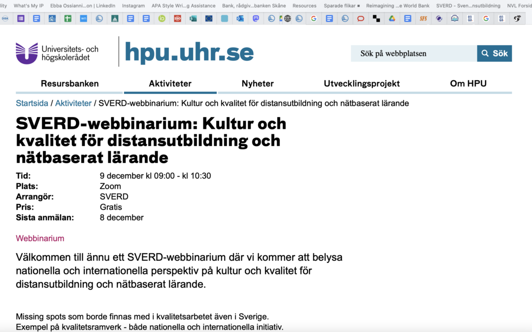 SVERD-webbinarium: Kultur och kvalitet för distansutbildning och nätbaserat lärande