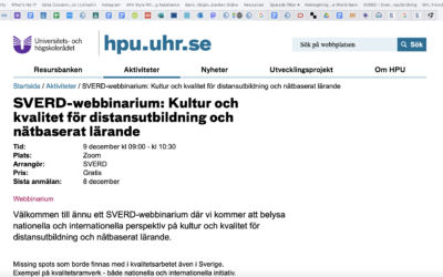 SVERD-webbinarium: Kultur och kvalitet för distansutbildning och nätbaserat lärande