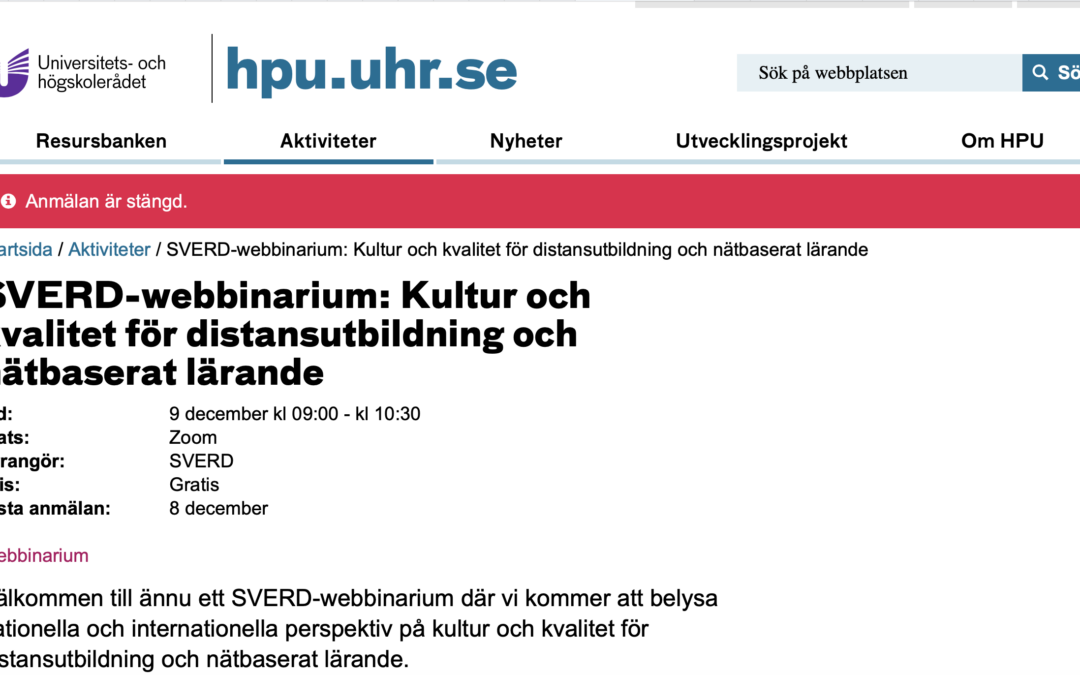 SVERD-webbinarium 9 december 2022: Kultur och kvalitet för distansutbildning och nätbaserat lärande