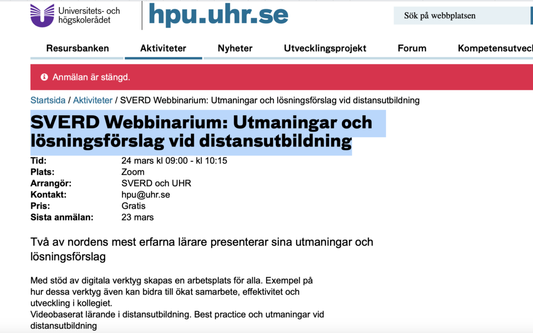 SVERD-UHR Webbinarium: Utmaningar och lösningsförslag vid distansutbildning